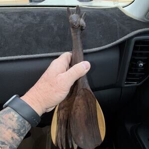 Carved Wood Serving Fork giraffe Handle Rustic Dark Brown Matte Finish 9 in